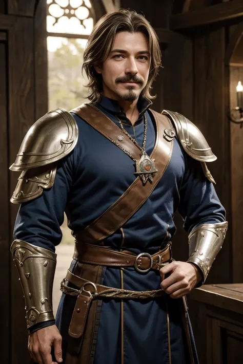 male, medieval fantasy, stark, with light brown hair and a moustache, goatee, wearing blue duelist clothes, happy smile, wide smile, smiling, fully body, standing alone, fancy, Medieval RPG, Closeup portrait, 4 k image, 超A high resolution, inside noble cou...