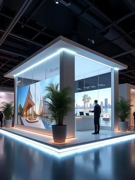 "A modern property exhibition stand with a sleek, minimalist design, featuring skirting lights that cast a warm white and soft blue glow around its base. The stand includes large, high-definition screens displaying rotating visuals of luxury properties, vi...