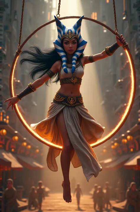 Ahsoka Tano,   circus acrobat  , Evening, piel Blanca,  long black and blue hair  , animated, in an acrobatic hoop , barefoot,   Inner Light Reflector ,  clothing inspired by Cleopatra ancient Egypt 