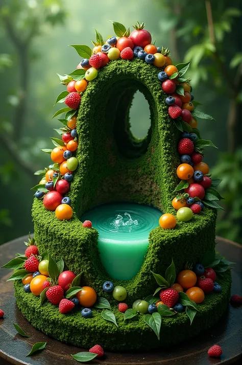  Naked green cake decorated with lots of fruit, natural well, symbolizing the Amazon 