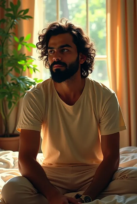 (photorealism:1.2), virat kholisitting on bed weraing t shirt
 pajama pants, long curly hair, indoors, soft lighting, plants in background, window with sunlight, cozy room, relaxed pose, realistic, intricate details, warm colors, by Greg Rutkowski, by Alph...