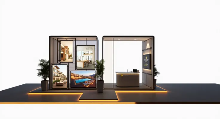 "A modern property exhibition stand with a sleek, minimalist design, featuring skirting lights that cast a warm white and soft blue glow around its base. The stand includes large, high-definition screens displaying rotating visuals of luxury properties, vi...