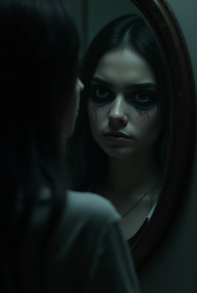 Nisha’s reflection stares at her with dark, hollow eyes.