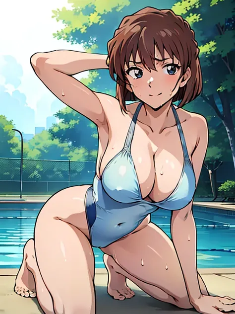 ( anime style)、 white high leg swimsuit、(Facial beauty:1.5)、colorful、Glowing Skin、 big chest、Brown Hair、 short hair 、(masterpiece:1.5)、( high resolution on down)、(Best Quality)、( Ultra High Definition)、4K、woman１people、(sweat)、break、Pool、(Kneel)、(( fold you...