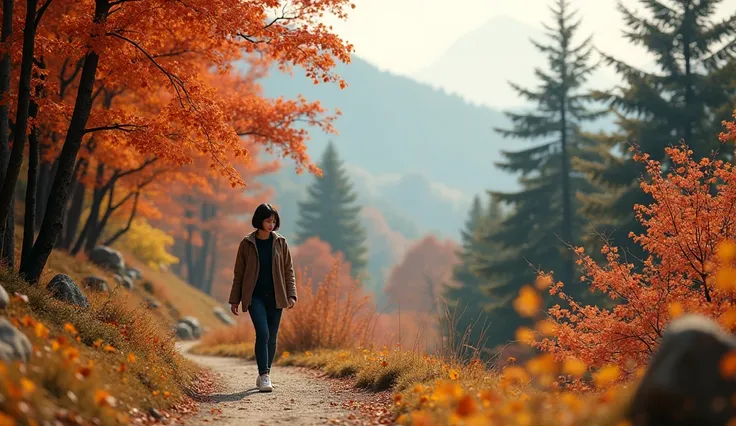  A Korean woman in her 40s who looks quiet and tidy. Highly detailed masterpiece 8K high resolution content，Autumn mountain valley， Red and yellow autumn leaves ，， scenery， Warm lighting background ， is walking along a narrow alpine curve， perfect face，Kor...