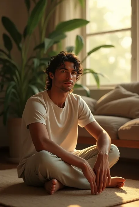 (photorealism:1.2), Cristiano ronaldo sitting on ground weraing t shirt
 pajama pants, long curly hair, indoors, soft lighting, plants in background, window with sunlight, cozy room, relaxed pose, realistic, intricate details, warm colors, by Greg Rutkowsk...