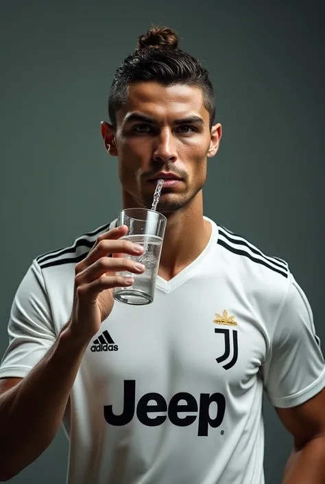 Cristiano Ronaldo full face with body wearing Juventus shirts drinking water named Kholoud front camera view