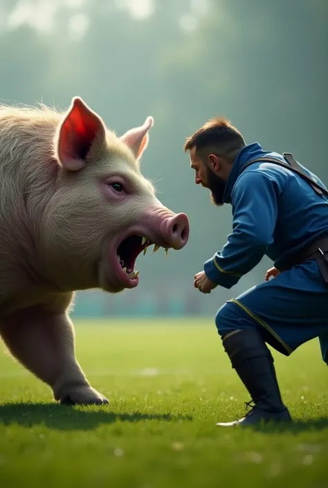  best quality :1.4), ( ultra high resolution :1.2), ( photorealistic :1.4), (8k, RAW photo:1.2), An angry big pig with sharp teeth and a musketeer man in blue clothes with black stripes. An angry pig and a musketeer in the colors blue and black are on a so...