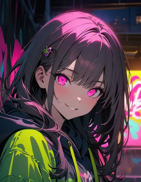 masterpiece, Best Quality, 8k, detailed background , masterpiece, Best Quality, smile,  ornament,  hoodie, Portraiture, Neon Yellow, graffiti, dark, night, Shining Eyes,  black light ,Hoshino Ruby