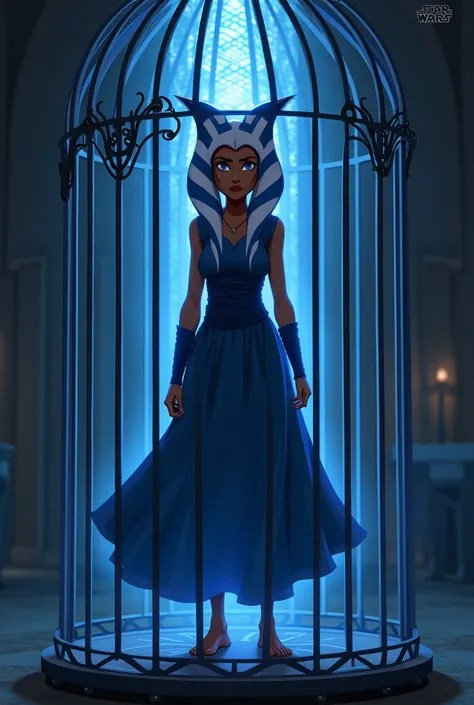 Ahsoka Tano,   Evening, animated,  barefoot,   Inner Light Reflector , Sapphire Blue dress, INSIDE A CAGE,