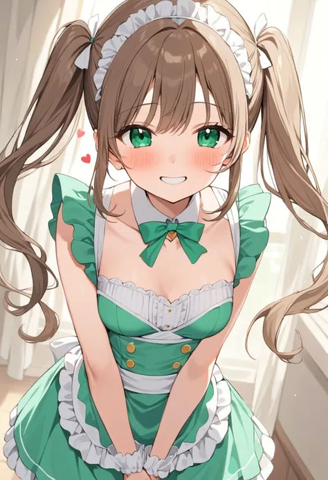 masterpiece,  best quality,  1 girl、Idol, Alone,  girl、Petite、Small breasts、Brown Hair,Green Eyes、 Twin Tails,  cleavage 、smile、Lots of hearts、Green maid outfit、White Breath、be happy，smile、