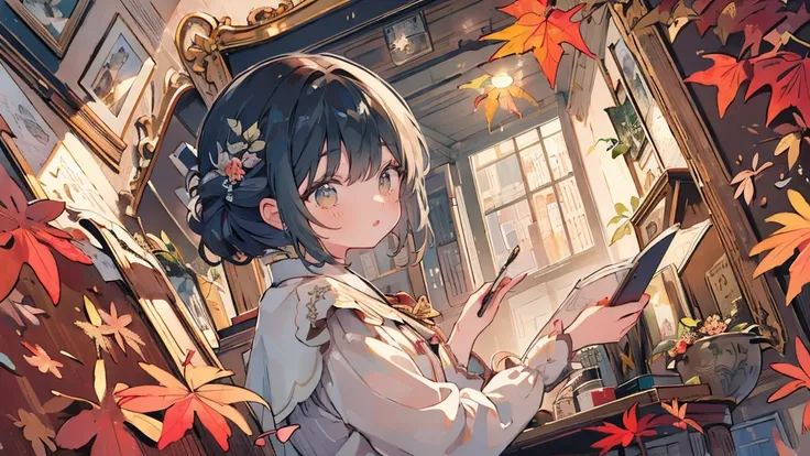 (((masterpiece))), (((Best Quality))), ((Super detailed)), (Illustration), (( extremely delicate and beautiful )),(((guide))),Detective、Autumn-like clothes、Dead leaves、I&#39;m worried、magnifying glass、Glasses Girl、White hair color、brown gingham check cloth...