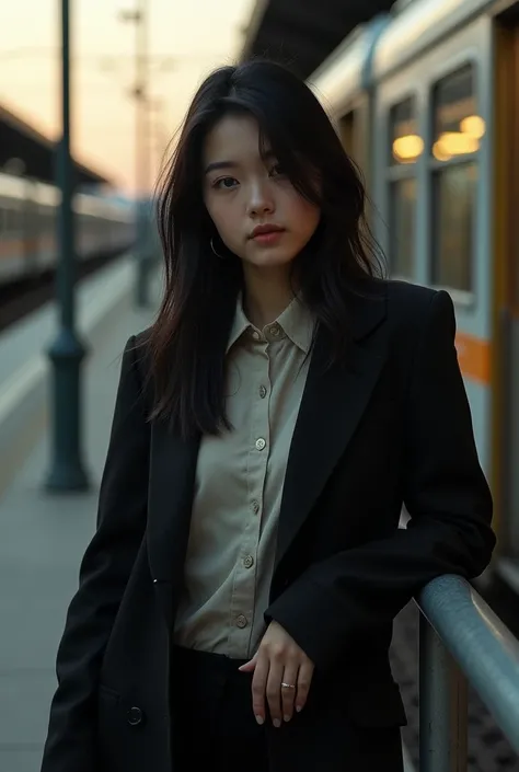 High quality full body photo of black haired Sadi"Create a moody urban portrait of a young woman leaning against a railing, with a train station in the background. She has long dark hair that gently frames her face, giving a natural, slightly windswept loo...