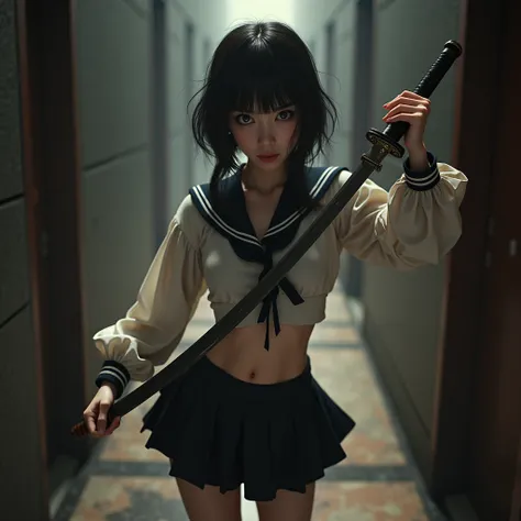 ExtremelyDetailed (Kuriyama Chiaki in Kill Bill), High definition face with Innocence, Haunting Beautiful Reflective Eyes, PennyLoafers, Long strides and low posture, WholeBody Shot from Random ViewPoint, Wielding KATANA with only one hand, the other hand ...