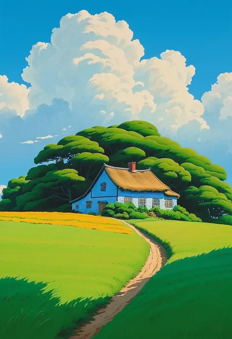 (minimalism:1.4), a tavern on the road, Studio Ghibli art, Miyazaki, pasture with blue sky and white clouds