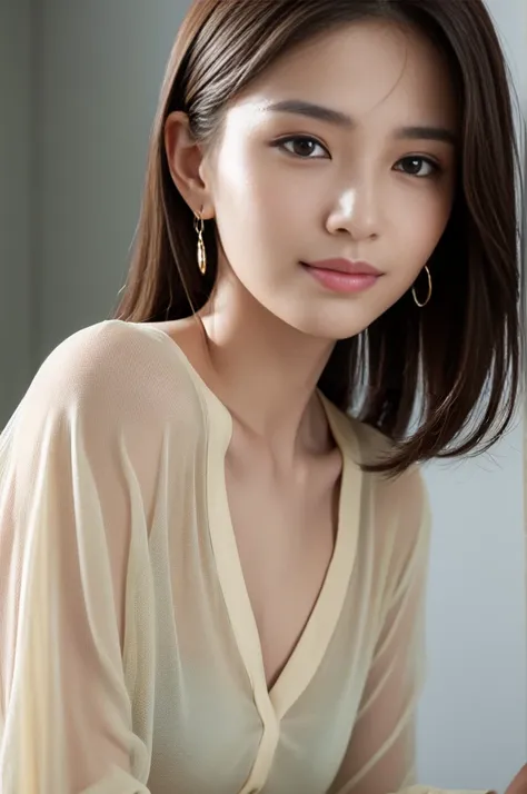  table top, Best Quality, Realistic,  very detailed, finely,  high resolution on down, 8k wallpaper,  Beautiful Japanese Women,, bright disheveled hair, , big earrings that reach the wall、He is wearing a black see-through open-necked shirt.。....,  sharp co...