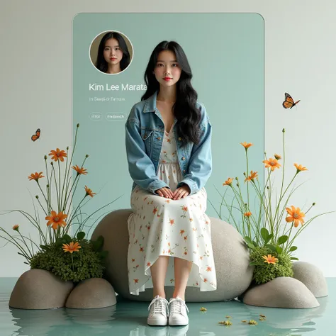 A high resolution, super detailed image of a beautiful Asian woman with long black hair. She is fashionably dressed in a white floral long dress, denim jacket,  and sneakers. She is seated atop a stone. The background is a stylized 3d transparent Facebook ...