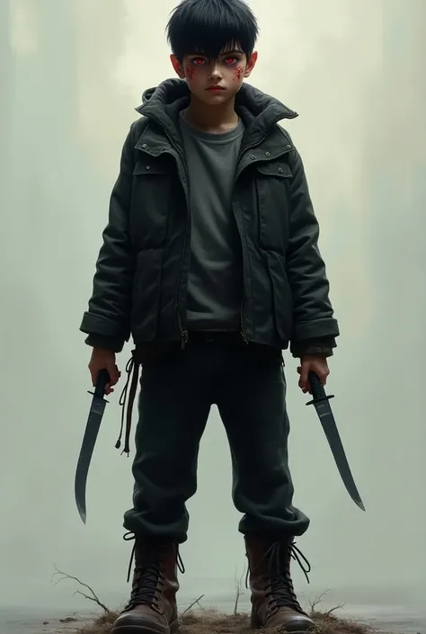 Create a 20-year-old cannibal character with a youthful appearance 
Black hair 
Red eyes
Sharp teeth
jacket,  black pants and boots
With two hunting knives 