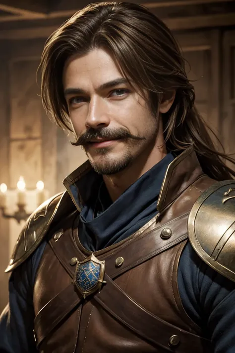 male, medieval fantasy, stark, with light brown hair and a moustache, goatee, wearing blue duelist clothes, happy smile, wide smile, smiling, fully body, standing alone, fancy, Medieval RPG, Closeup portrait, 4 k image, 超A high resolution, inside noble cou...