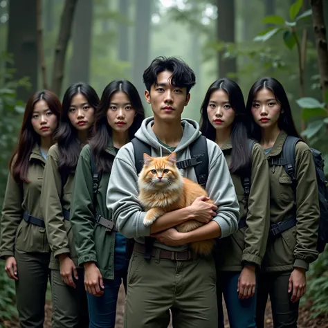 Photography profesional menampilkan 6 orang perempuan cantik korea dan 1 laki laki ganteng muda korea yang membawa kucing oyen, yang memakai pakaian petualang lengkap dengan ransel, sedang pose  dengan fokus pandangan ke depan kamera , dengan latar belakan...