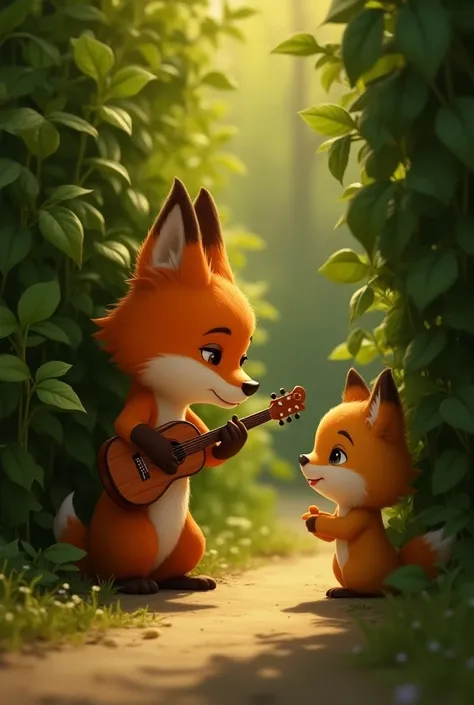 Luna meeting Felix, a shy fox, behind a bush
- Felix holding a musical instrument, with a hesitant expression
- Soft, warm lighting highlighting their initial friendship