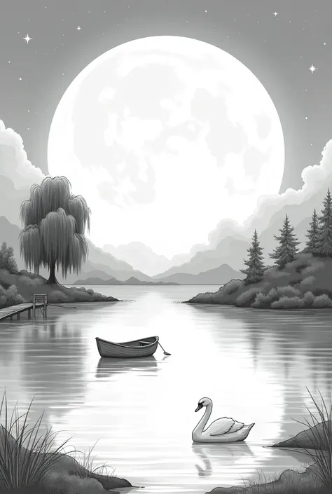 周囲の自然の反射を持つQuiet月明かりの湖,  leak for black and white coloring , Line art, Quiet, night, moonlight, still ::1.3 rowboat, swan,  lakeside dock , weeping willow ,  starry sky --ar 16 :9,