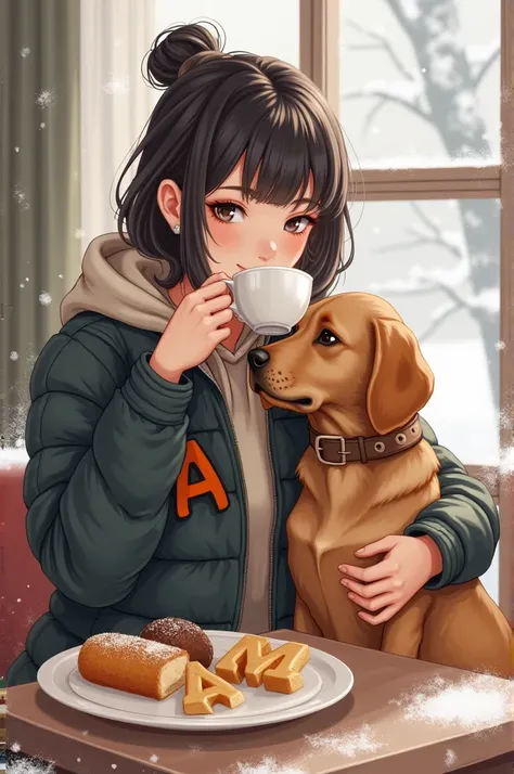  A girl wearing a jacket with the letter a drinking coffee in the winter,with her dog who eats a croquette in the shape of m 