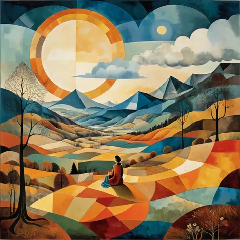 In the clearing of a forest, late autumn, a woman is sitting, along with her ((brown)) dog labrador, on a wide patchwork blanket. Behind it opens a large valley with high snowy mountains. Clouds and sun, in the shape of a disk, with irregular geometric pat...