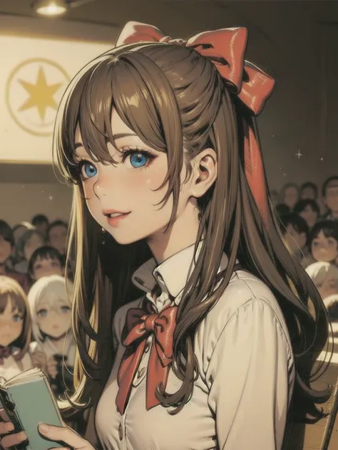 ( extremely delicate and beautiful : 1.2),  1 girl, bangs,  blue eyes, Blur, Blur background, bow, Brown Hair, shut up,  side view,  hair between eyes , hair bow, lanthanum, Particles of light,  long sleeve ,  watching the audience, curly hair,  Knight , r...