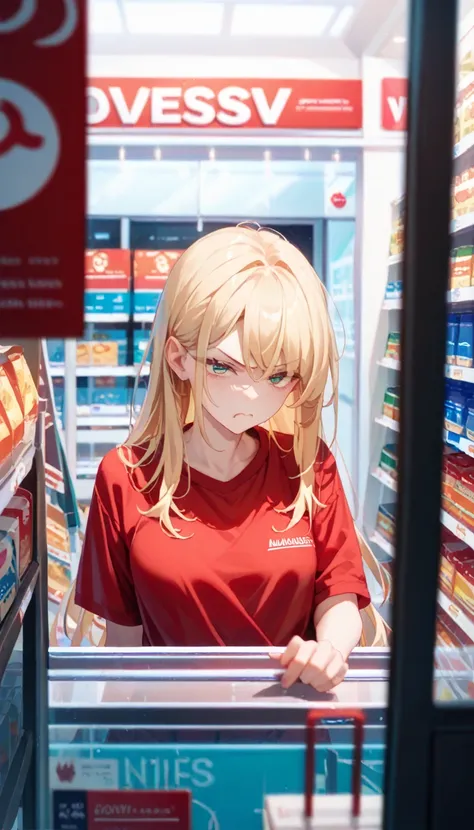 (masterpiece, best quality),nsfw, 1girl, blonde hair, medium long hair, slant eyes,angry,red jersey,Convenience store,