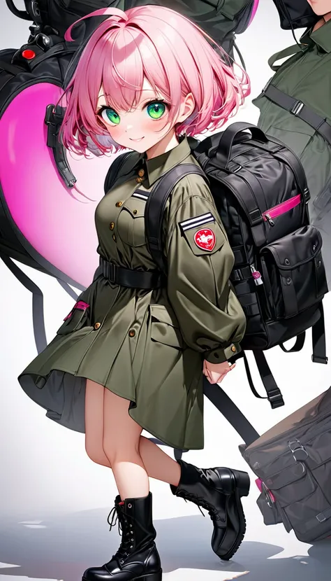 kawaii girl, hot pink glossy silky disheveled short hair, ahoge, makeup, amorous and lewd expression, shy happy smile, cortesy, elegance, dignity, captivating big round eyes, great proportion, wearing dark green military long coat, black heavy engineer boo...