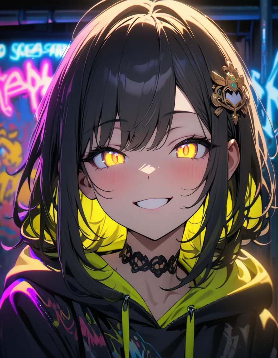 masterpiece, Best Quality, 8k, detailed background , masterpiece, Best Quality, smile,  ornament,  hoodie, Portraiture, Neon Yellow, graffiti, dark, night, Shining Eyes,  black light ,