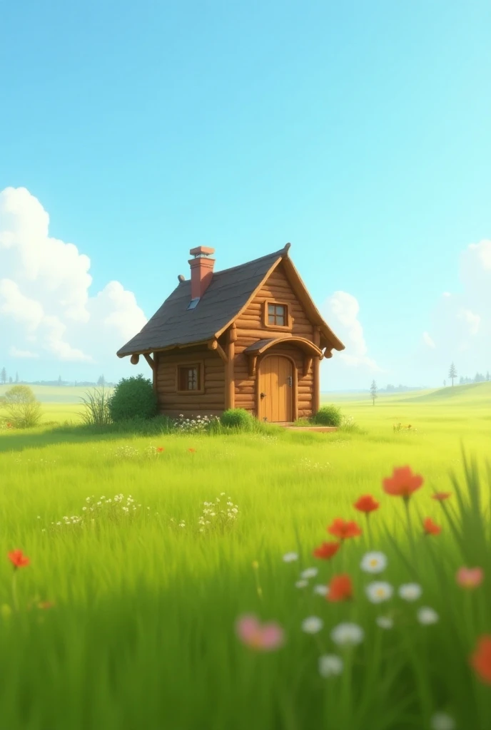 Small house made of wood from roof to ground, dans un champs, How Pixar  