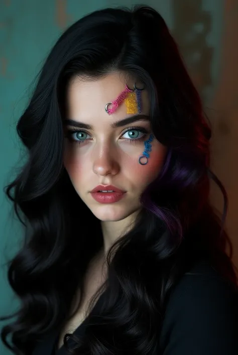 girl ,  of European appearance with rollers on her face , blue-eyed,  dark-haired brunette , Ravenclaw Faculty,  hair is half dyed in bright and acidic colors (pink blue yellow green purple red ), Serious,  looks more like an antagonist but in her own way,...