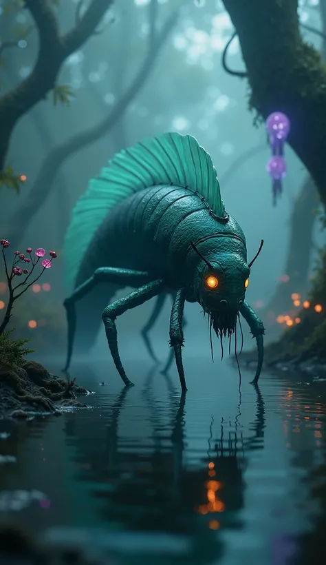 Create a hyper-realistic, 64K HD image of a mysterious creature that appears to be a hybrid between a deep-sea fish and an alien insect, hovering in a misty, bioluminescent swamp. The creature’s body is elongated and segmented, with a smooth, iridescent ex...