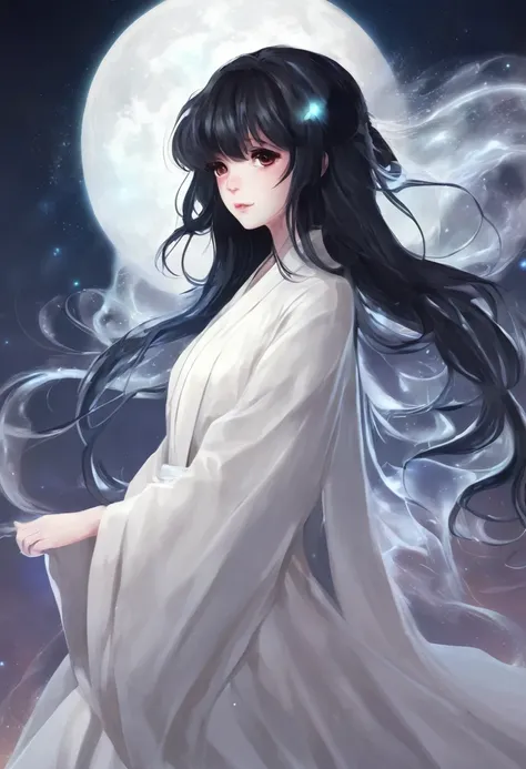 Girl, anime, ghost girl, white robe, cute, pale skin, black fluffy hair, bangs showing forehead