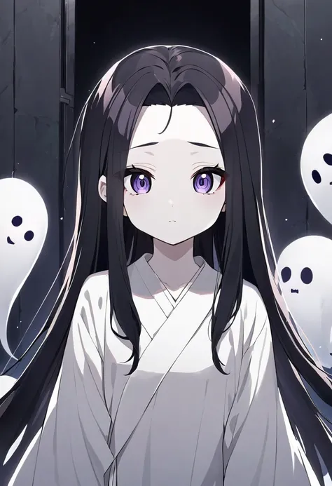 Girl, anime, ghost girl, white robe, cute, pale skin, black fluffy hair, bangs showing forehead