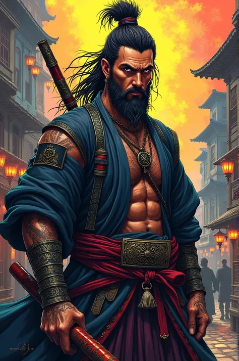 arafiana, a character from the movie the last samurai, vanara, samurai man vagabond, vibrant fan art, promo art, album art, music album art, videogame cover art, arabian samurai, urban samurai, by Sebastian Vrancx, album cover concept art, nirvana, benedic...