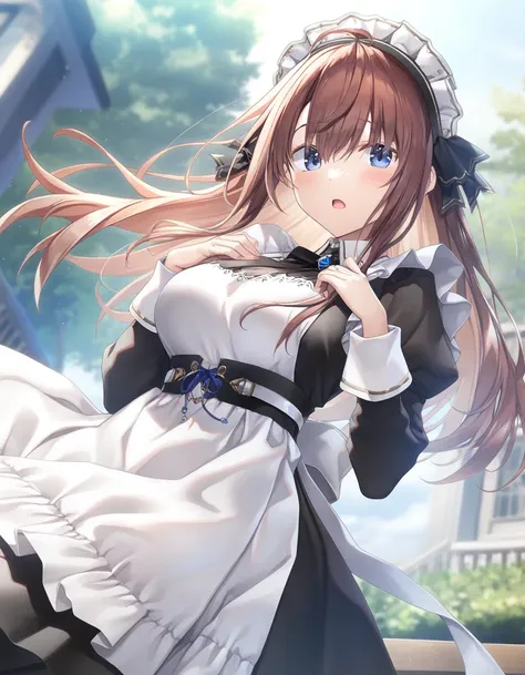 1girl, little female, beautiful breasts, open mouth, maid, outdoors,wind, game CG break,((artist:kimishima_ao)),(artist:mitsumi_misato),(artist:fujiyama),,(masterpiece), (best quality), (ultra-detailed), very aesthetic, newest, beauty illustration,super de...