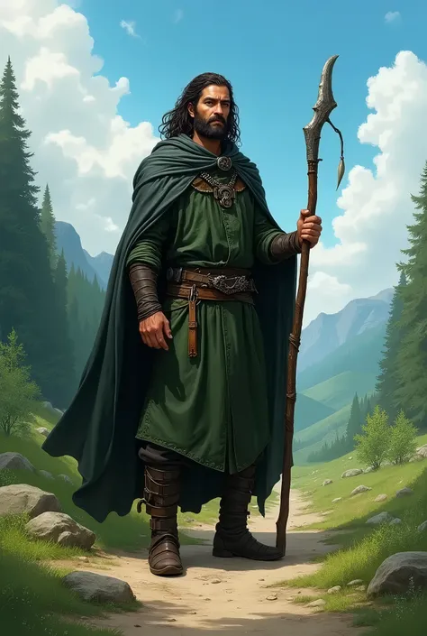 In RPG style, in style of Dungeons & Dragons, in style of fantasy painting. Full body view, looking at the viewer. image of a male druid with with  quarterstaff , dark green cloth armor with dark grey cape, dark leather sandals. dark brown hair.  Standing ...