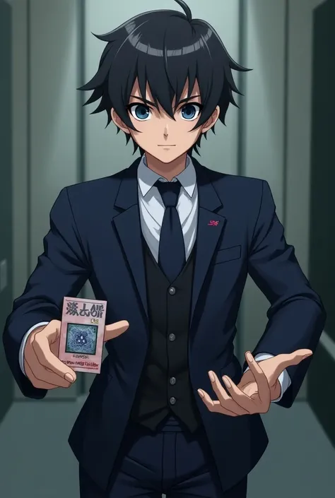 Draw a white-skinned man , blue eyes and black hair.  He wears a dark navy blue school uniform ,  a blaze and dress pants of the same color .  He holds a duel card from the Yu-Gi-Oh franchise