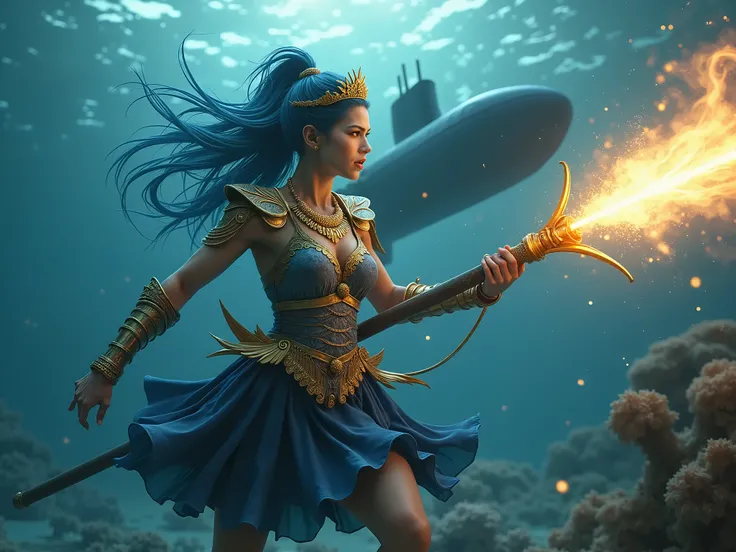 photograph,  Super Realism , Side View , thunderbolt attack by big gold harpoon cane,  Pacific Ocean  in under water, ride on AI submarine , Black color submarine ,  Sea female God, Neptune of Wife is Nep-Jeanne, A beautiful young  woman,  20-age,  long bl...