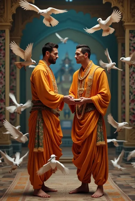 Messi and ronaldo in indian mandir and wearing a Indian pujari cloth and feeding the birds