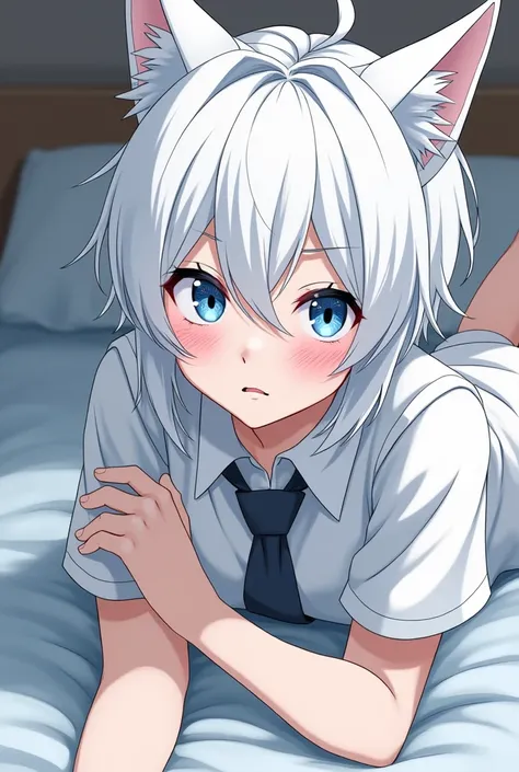 quot;Teenage white-haired cat-like boy with blue eyes and trident bangs, wearing school uniform, lying on bed with distorted expression and blushing face, upper body to thighs view, manga style&quot;