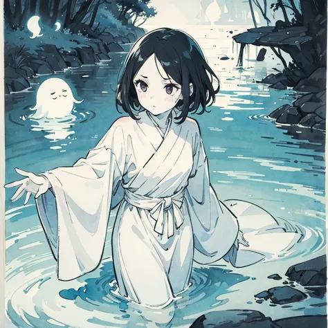 Girl, anime, ghost girl, white robe, cute, pale skin, black fluffy hair, bangs showing forehead, black eyes, monochrome, water colour, slim