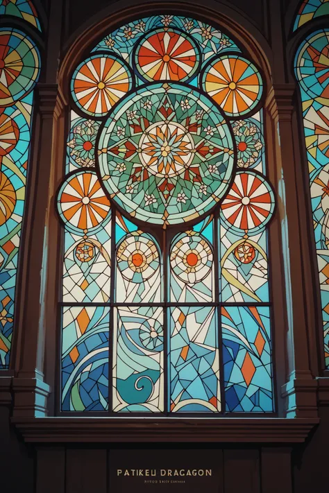 A stained glass window with the text "Kaleidodragon" across the middle third