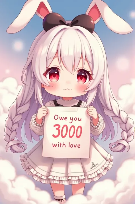 Cute anime-style chibi girl(red eyes,white rabbit ears, wearing pretty white dress embroidered with shiny white silk, luxuriously braided long white hair, big black hair bow) is holding out to viewer a cute love letter written “OWE YOU 3000 WITH LOVE” by c...