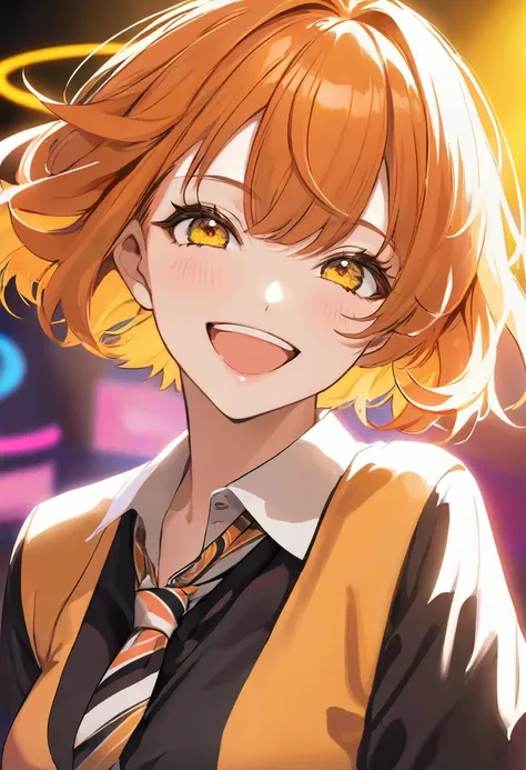  Cool Adult Woman 、 orange short hair and yellow eyes、Office Lady Clothes、Neon stage background 、 bullish smile  、( Face Closeup )、Dance