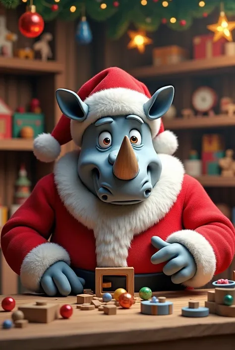 Je veux un rhinoceros pere noel style disney avec ecriture Erasteel 3 d . Il fabrique jouets dans son atelier du jouet