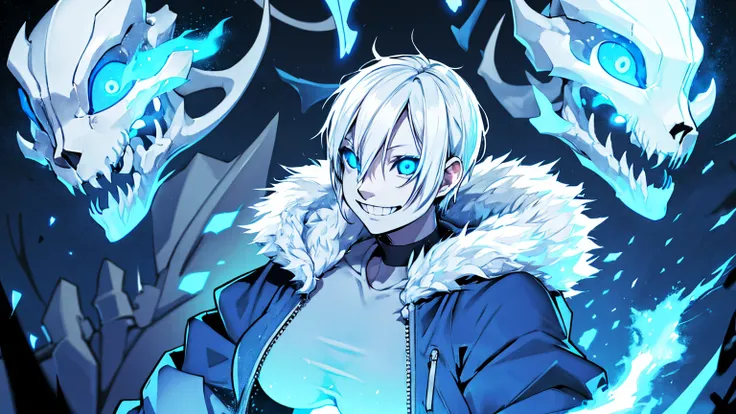 Toby Fox Undertale Sans Blue Jacket , Fire Eyes Skull Smile White Short Hair Luminous Face Blue Dragon Bone Cannon One Person Standing In Snow Town Femininefull Super huge big breasts breast enlargement